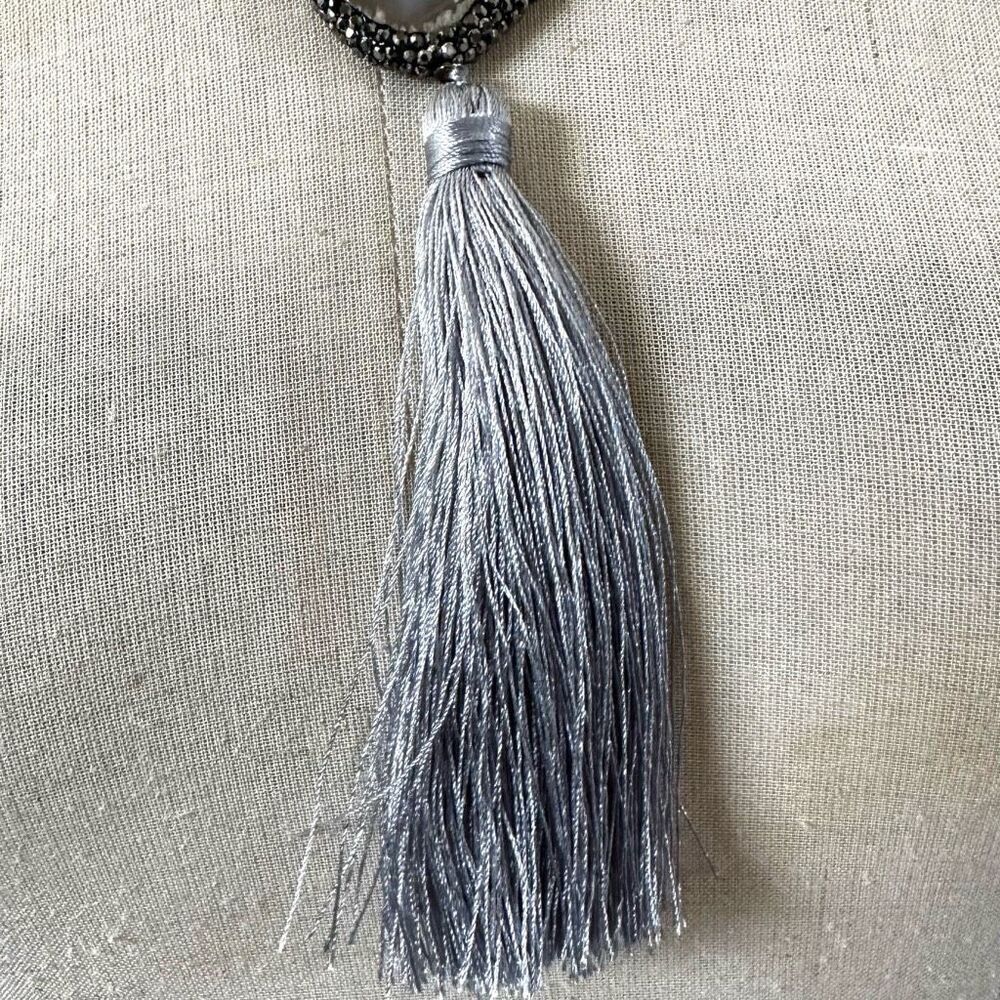 Gray Agate & Horn Beaded Tassel Necklace with Crystal Pendant - Picture 8 of 12